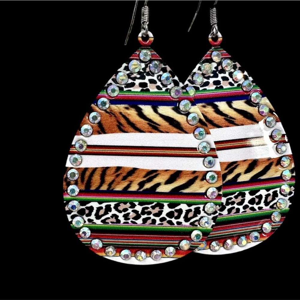 Wild Child Teardrop Bling Earrings Metal Tiger Leopard Print Cream